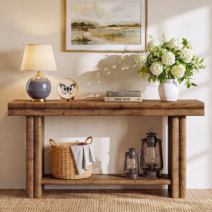63" Solid Wood Console Table, 2-Tier Farmhouse Entryway Table with Storage Shelf