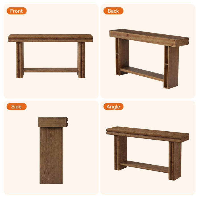 63" Solid Wood Console Table, 2-Tier Farmhouse Entryway Table with Storage Shelf