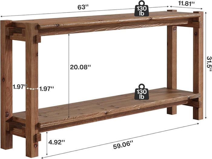 63" Solid Wood Console Table, 2-Tier Farmhouse Entryway Table with Storage