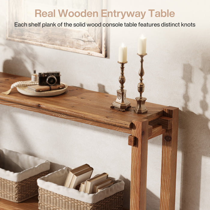 63" Solid Wood Console Table, 2-Tier Farmhouse Entryway Table with Storage