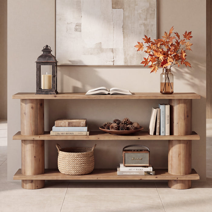 63" Solid Wood Console Table, 3-Tier Sofa Entryway Table with Cylindrical Legs