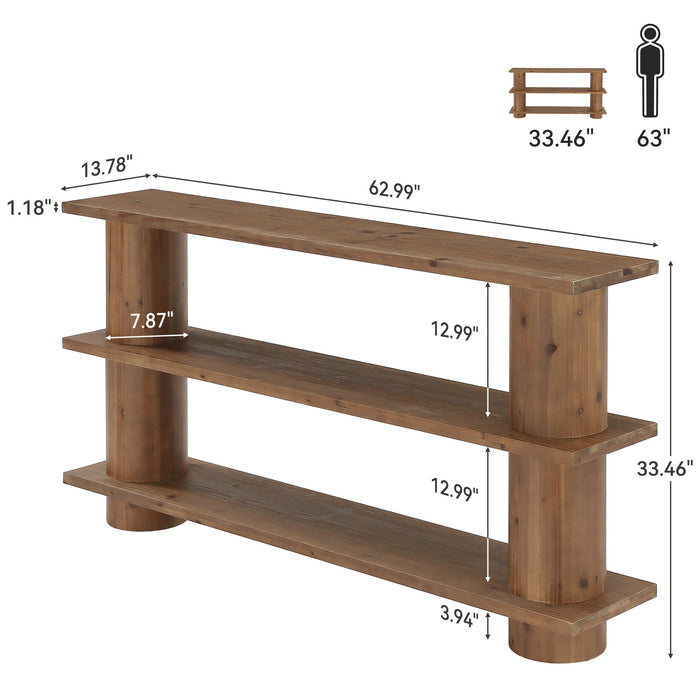 63" Solid Wood Console Table, 3-Tier Sofa Entryway Table with Cylindrical Legs