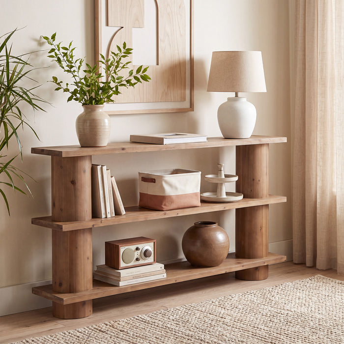 63" Solid Wood Console Table, 3-Tier Sofa Entryway Table with Cylindrical Legs