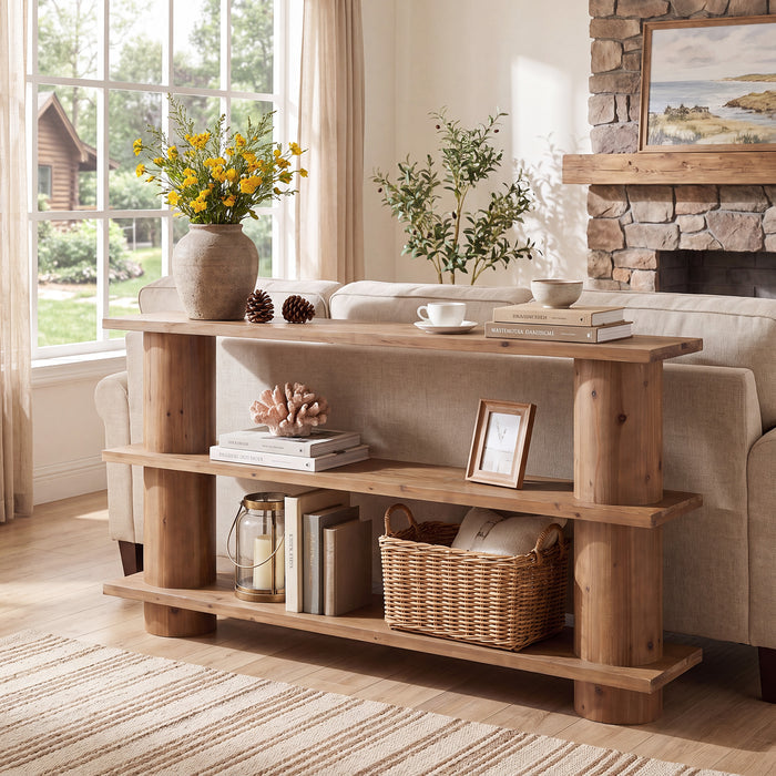 63" Solid Wood Console Table, 3-Tier Sofa Entryway Table with Cylindrical Legs