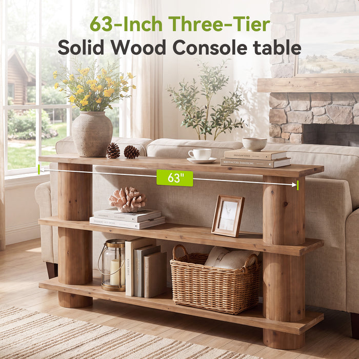 63" Solid Wood Console Table, 3-Tier Sofa Entryway Table with Cylindrical Legs
