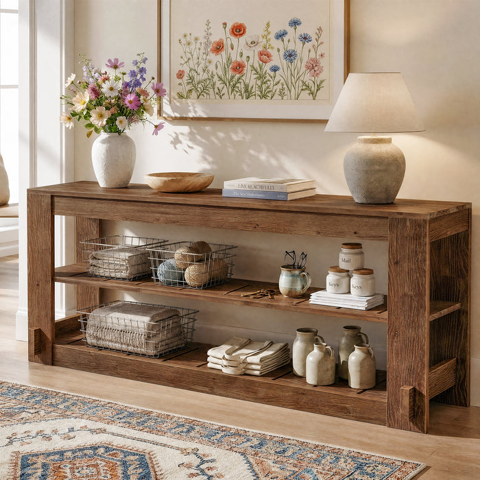 63" Solid Wood Console Table, Farmhouse Sofa Entryway Table with 3-Tier Storage Shelves