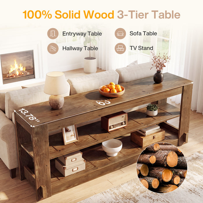 63" Solid Wood Console Table, Farmhouse Sofa Entryway Table with 3-Tier Storage Shelves