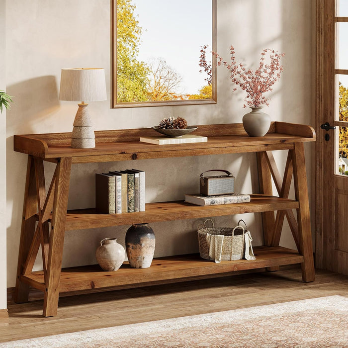 63” Solid Wood Console Table with 3-Tier Shelves, Farmhouse Sofa Table