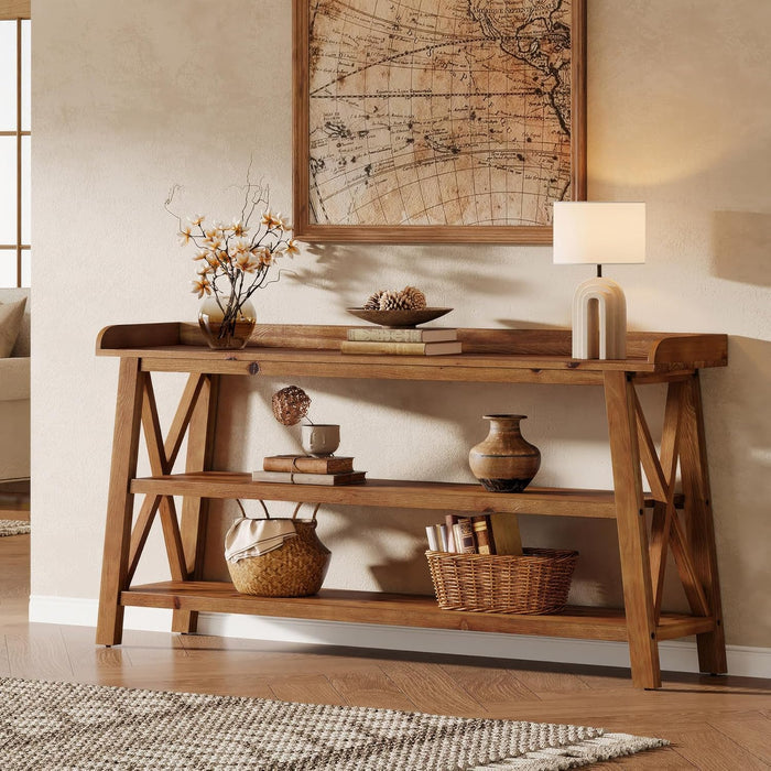 63” Solid Wood Console Table with 3-Tier Shelves, Farmhouse Sofa Table