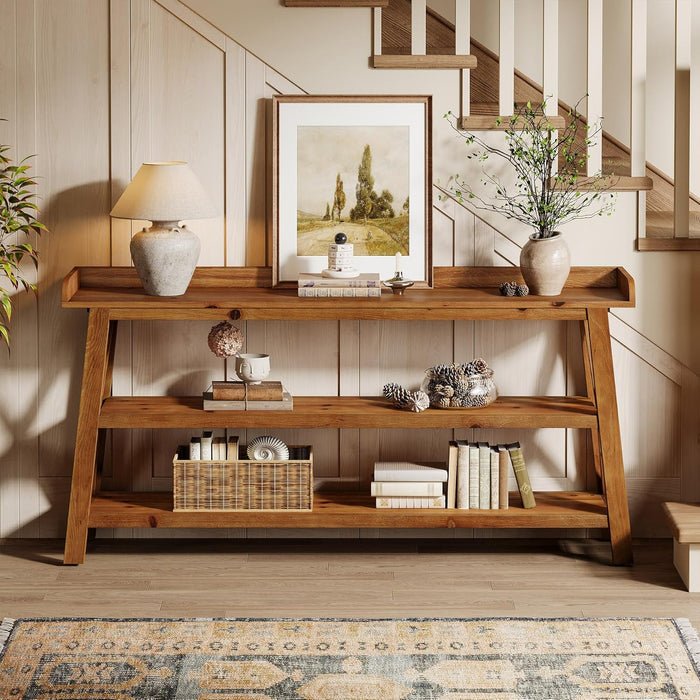 63” Solid Wood Console Table with 3-Tier Shelves, Farmhouse Sofa Table