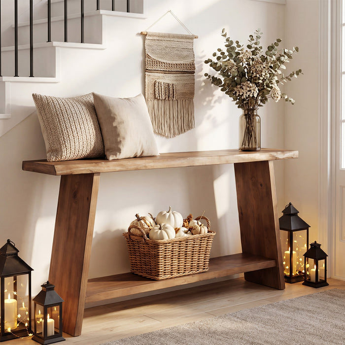 63" Solid Wood Console Table with Shelf, Farmhouse Narrow Entryway & Sofa Table