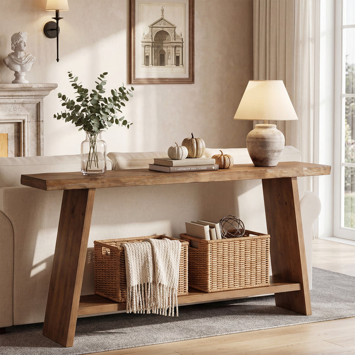 63" Solid Wood Console Table with Shelf, Farmhouse Narrow Entryway & Sofa Table