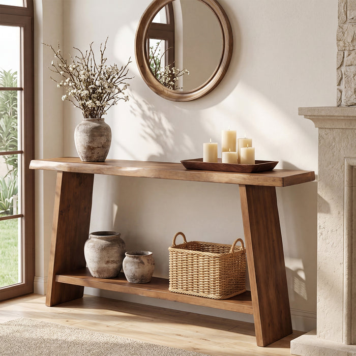 63" Solid Wood Console Table with Shelf, Farmhouse Narrow Entryway & Sofa Table