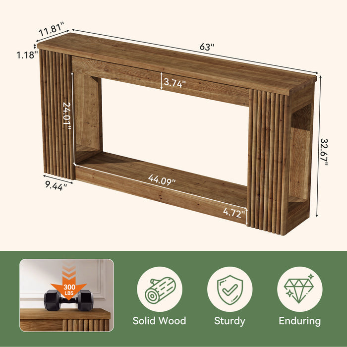 63" Solid Wood Console Table with Storage Shelf, Farmhouse Entryway Table with Fluted Legs