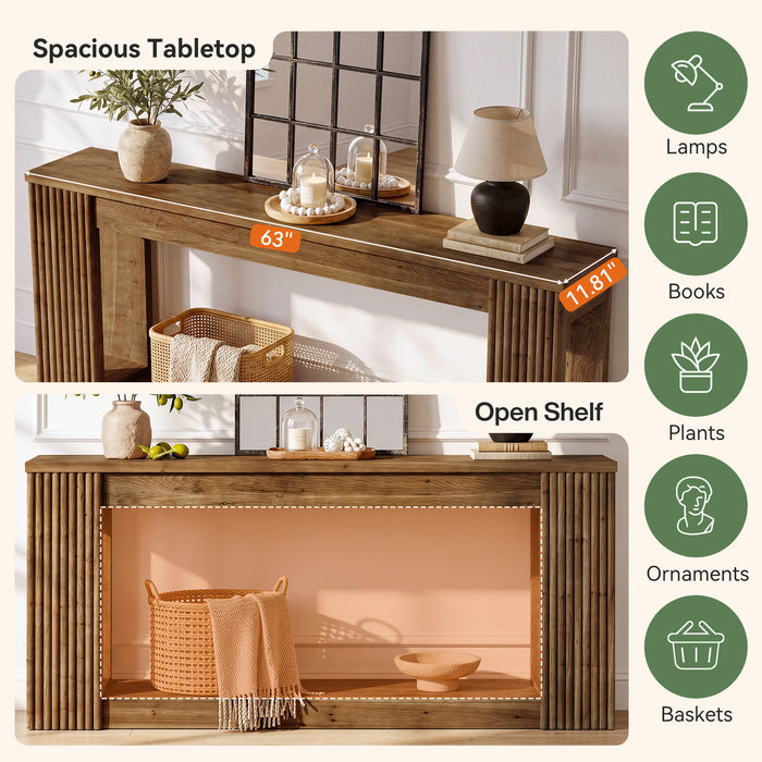 63" Solid Wood Console Table with Storage Shelf, Farmhouse Entryway Table with Fluted Legs