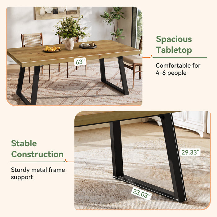 63" Solid Wood Dining Table for 4-6, Rectangular Kitchen Table with Metal Legs