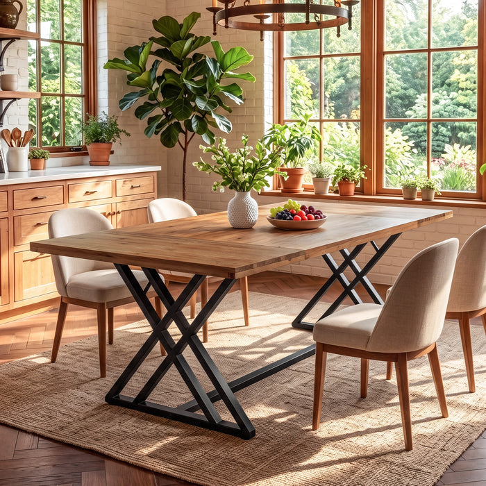 63" Solid Wood Dining Table, Rectangular Kitchen Table with X Shaped Metal Legs for 4-6