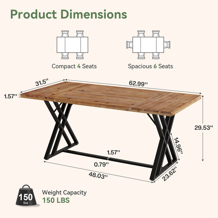 63" Solid Wood Dining Table, Rectangular Kitchen Table with X Shaped Metal Legs for 4-6