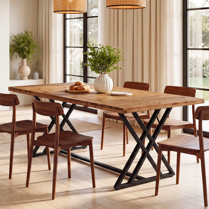 63" Solid Wood Dining Table, Rectangular Kitchen Table with X Shaped Metal Legs for 4-6
