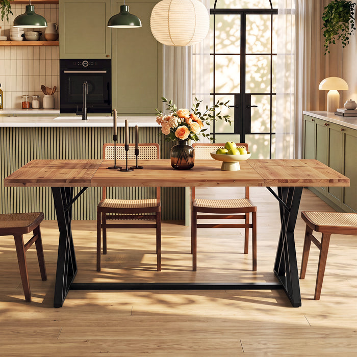 63" Solid Wood Dining Table, Rectangular Kitchen Table with X Shaped Metal Legs for 4-6