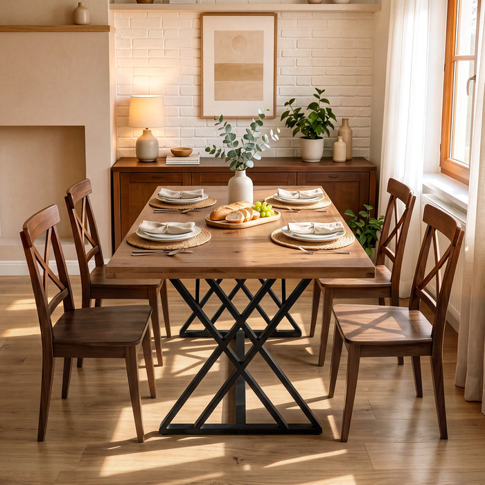 63" Solid Wood Dining Table, Rectangular Kitchen Table with X Shaped Metal Legs for 4-6