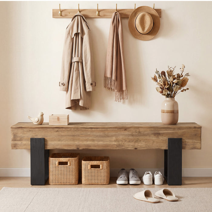 63" Solid Wood Entryway Bench, Farmhouse Indoor Shoe Bench End of Bed Bench