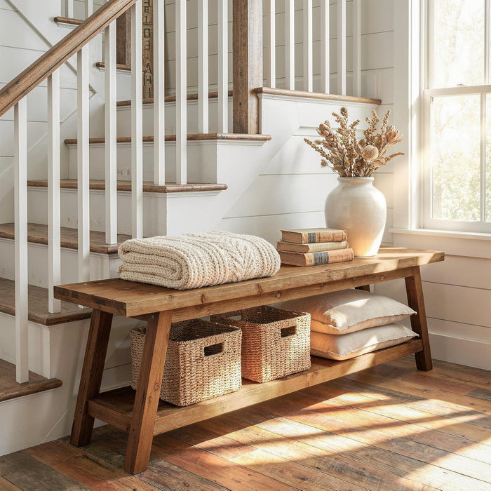 63" Solid Wood Entryway Bench, Hallway Shoe Bench with Storage Shelf