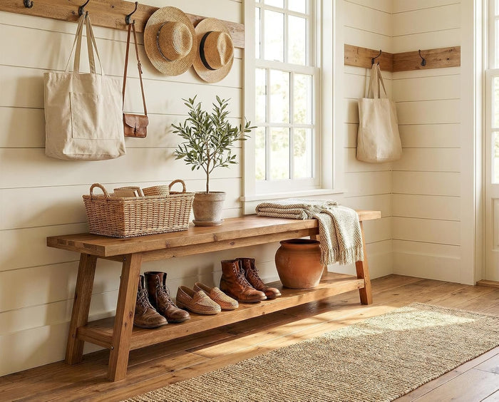 63" Solid Wood Entryway Bench, Hallway Shoe Bench with Storage Shelf