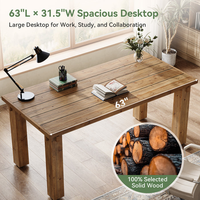 63" Solid Wood Executive Desk, Farmhouse Computer Desk with Study Legs for Home Office