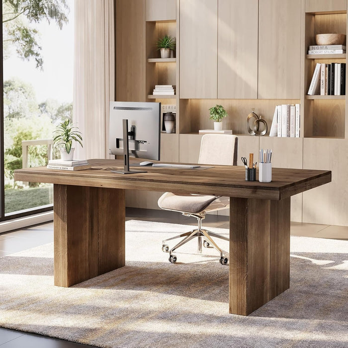 63" Solid Wood Executive Desk, Farmhouse Large Computer Desk with Sturdy Legs