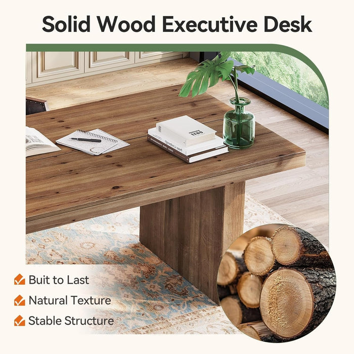 63" Solid Wood Executive Desk, Farmhouse Large Computer Desk with Sturdy Legs