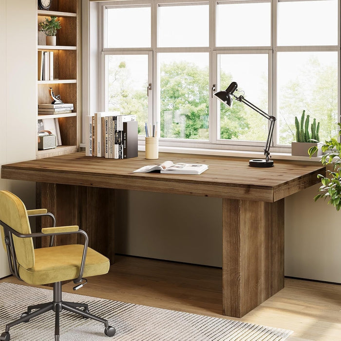 63" Solid Wood Executive Desk, Farmhouse Large Computer Desk with Sturdy Legs