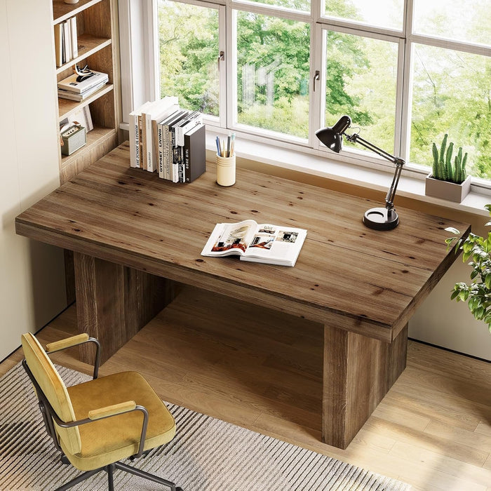 63" Solid Wood Executive Desk, Farmhouse Large Computer Desk with Sturdy Legs