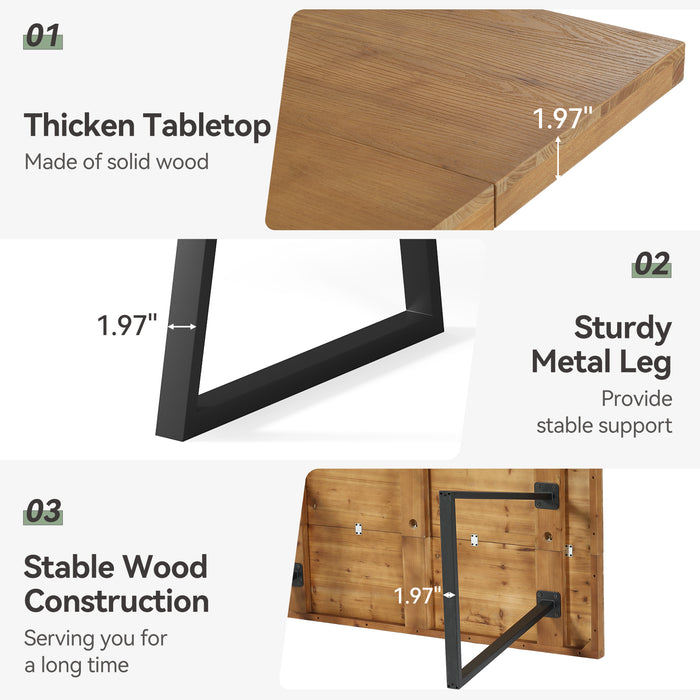 solid fir wood desktop with natural grain, black desk base supporting solid wood tabletop