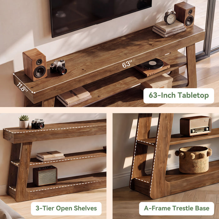 63" Solid Wood TV Stand, 3-Tier Storage Entertainment Center For Living Room