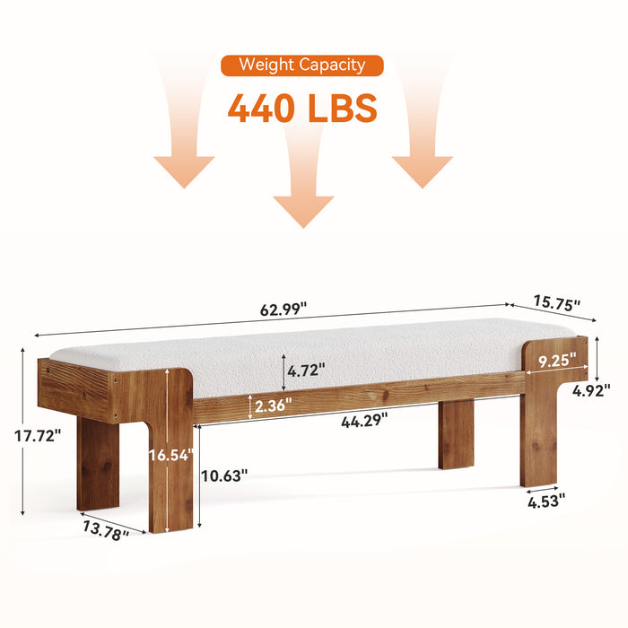 63" Upholstered Entryway Bench, Solid Wood End of Bed Bench, for 2-3