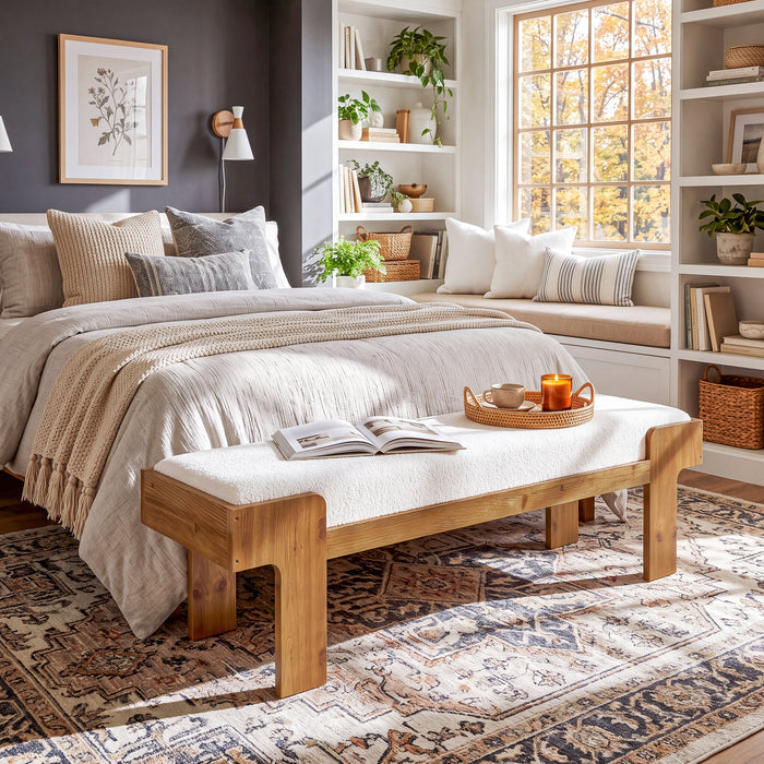 63" Upholstered Entryway Bench, Solid Wood End of Bed Bench, for 2-3