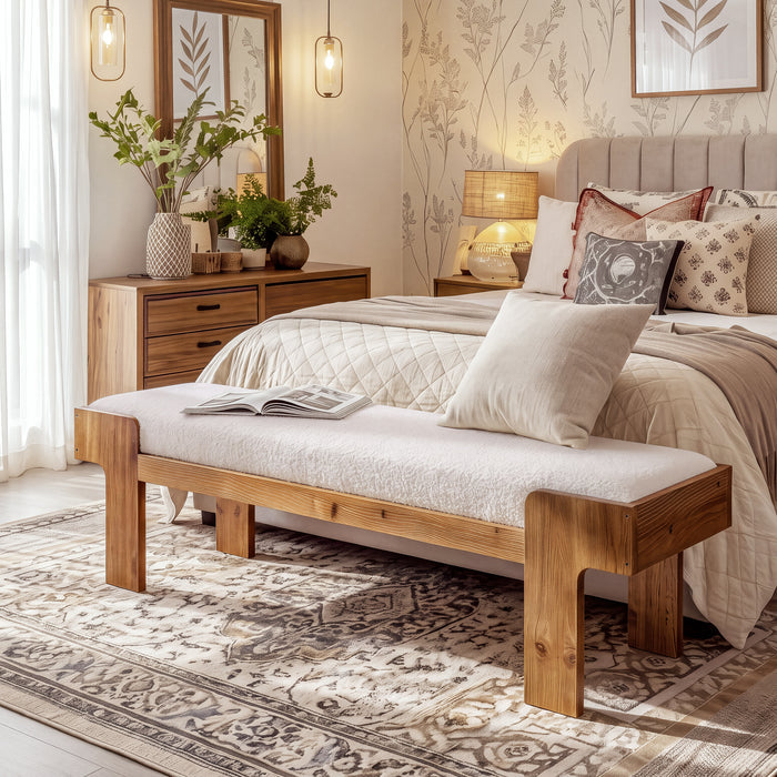 63" Upholstered Entryway Bench, Solid Wood End of Bed Bench, for 2-3