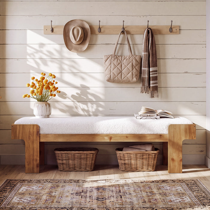63" Upholstered Entryway Bench, Solid Wood End of Bed Bench, for 2-3