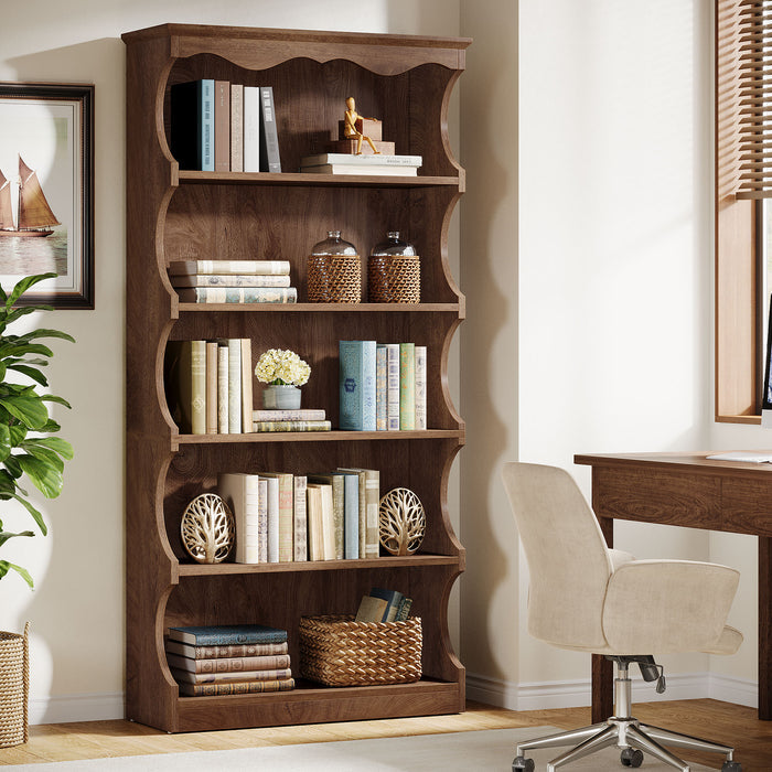 70" Vintage Bookcase, 5-Tier Bookshelf Display Shelves with Unique Curved-Edge Design#Color_Brown