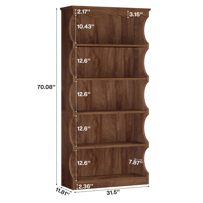 70" Vintage Bookcase, 5-Tier Bookshelf Display Shelves with Unique Curved-Edge Design#Color_Brown