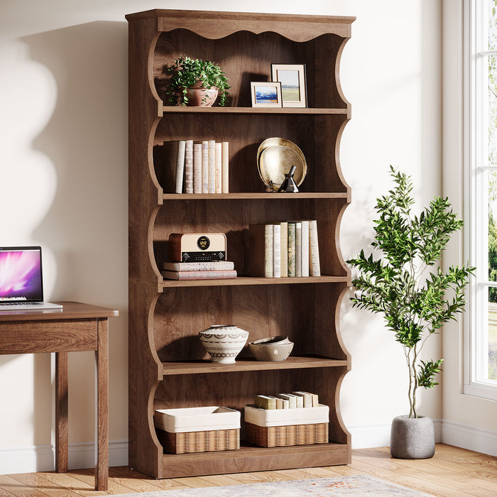 70" Vintage Bookcase, 5-Tier Bookshelf Display Shelves with Unique Curved-Edge Design#Color_Brown