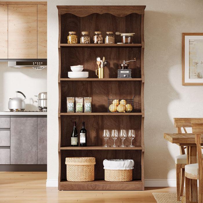 70" Vintage Bookcase, 5-Tier Bookshelf Display Shelves with Unique Curved-Edge Design#Color_Brown