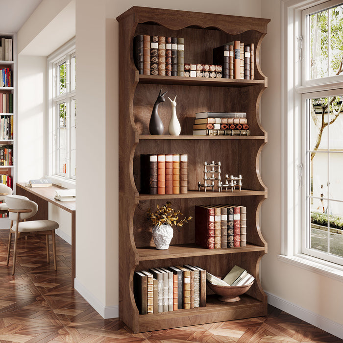 70" Vintage Bookcase, 5-Tier Bookshelf Display Shelves with Unique Curved-Edge Design#Color_Brown