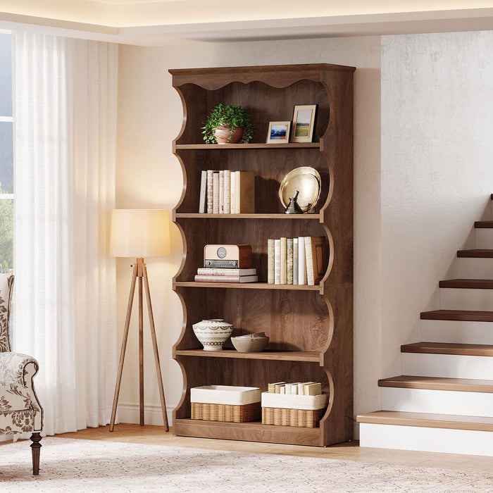 70" Vintage Bookcase, 5-Tier Bookshelf Display Shelves with Unique Curved-Edge Design#Color_Brown