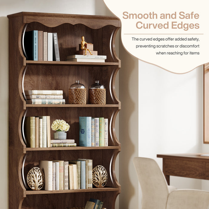 70" Vintage Bookcase, 5-Tier Bookshelf Display Shelves with Unique Curved-Edge Design#Color_Brown