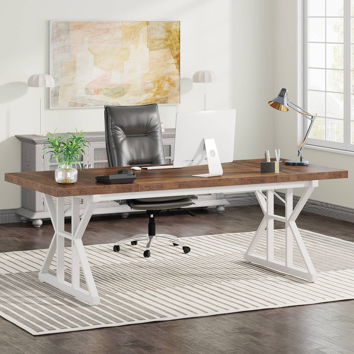 Large executive computer desk styled in a modern home office workspace