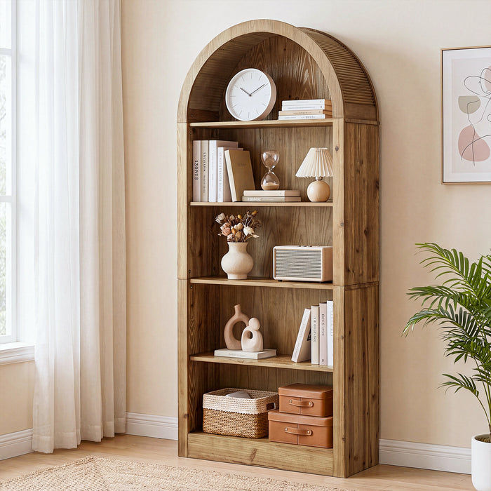 70.8" Solid Wood Tall Bookcase , 5-Tier Arched Bookshelf Open Display Etagere