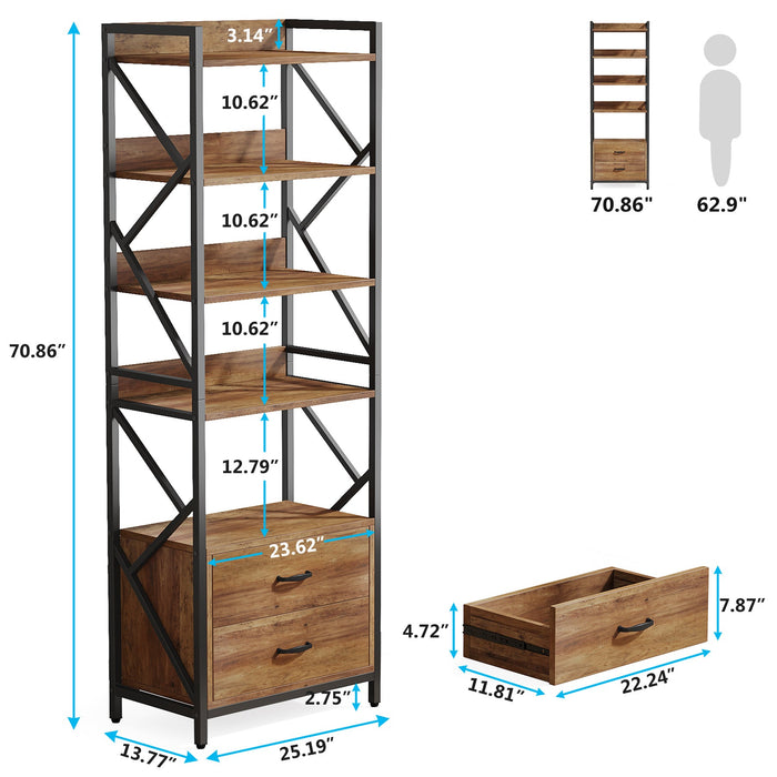 70.86" Bookshelf, Industrial 5-Tier Bookcase with 2 Drawers