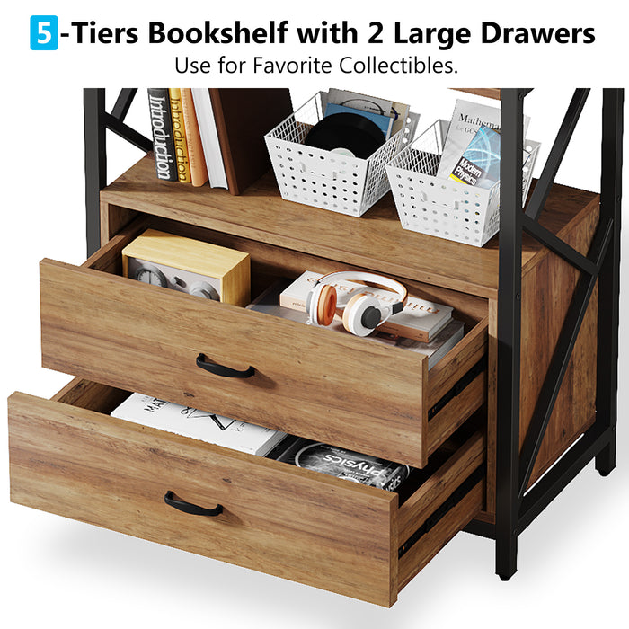 Tribesigns Bookshelf, 70.86" Industrial 5-Tier Bookcase with 2 Drawers Tribesigns